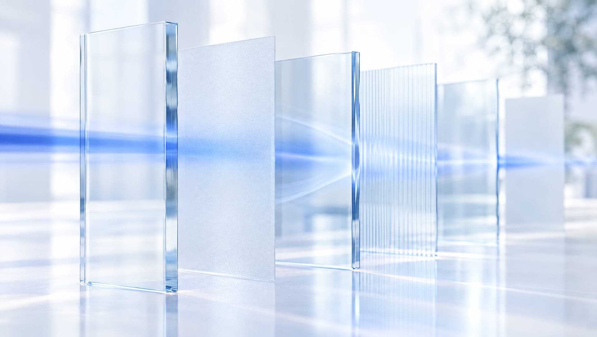 An abstract stream of light passing through layered glass panels